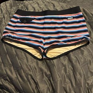 Parke and Ronen Ibiza Solid Square Cut Swim Trunk- Nautical Navy Stripes Sz L